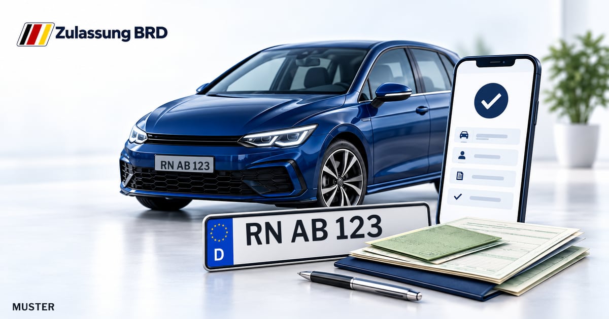 Online Fahrzeugzulassung in Falkensee: Musterkennzeichen RN AB 123, Auto und Fahrzeugpapiere und Smartphone. Illustration mit Logo von Zulassung BRD.